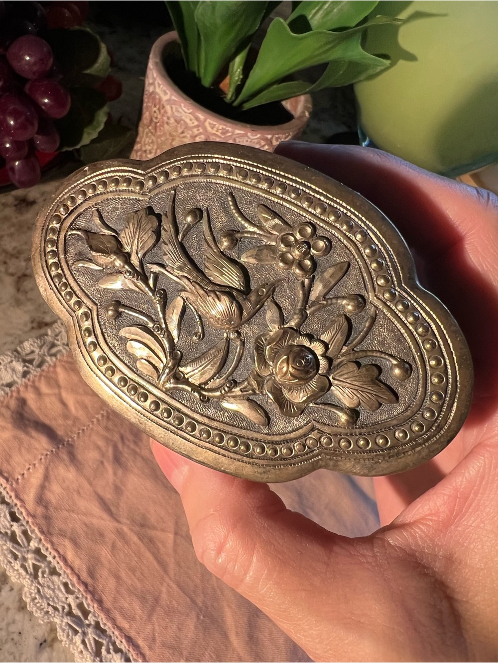 Gorgeous Ornate Silvertone Hinged Trinket Box in excellent condition